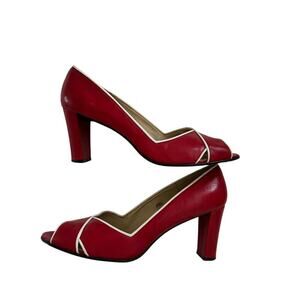 Vintage Etienne Aigner Women's Red White Daley Leather Peep Toe Heels Size 8.5